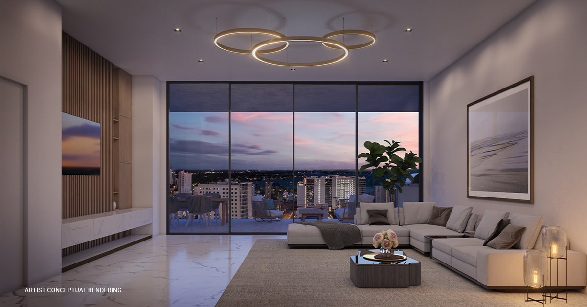 One Park West Residence Living Room with view of Downtown Sarasota FL